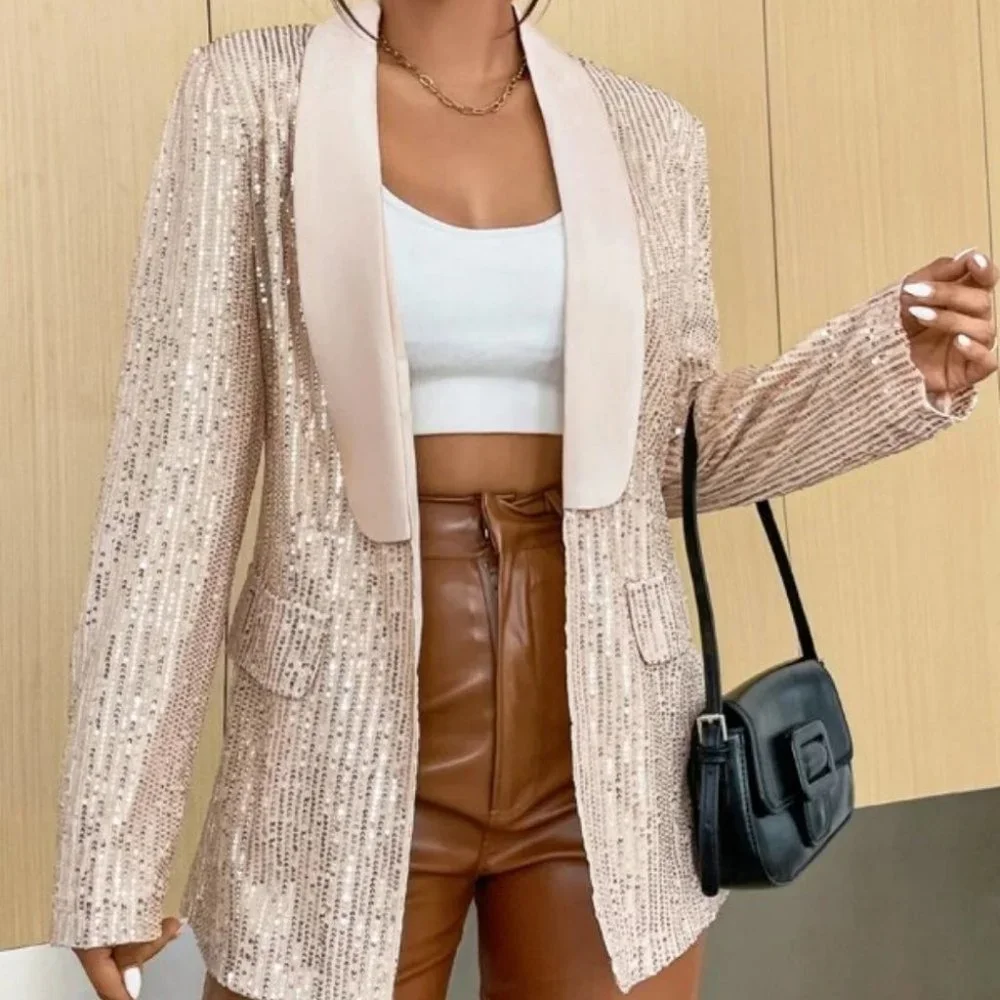 Sequins Open Front Jacket Coat Blazer Champagne - Picture 1 of 6